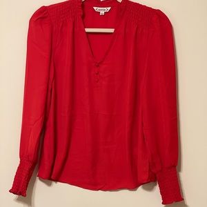 NWT Nanette Lepore red ruffled neck and sleeve v-neck dress blouse with buttons